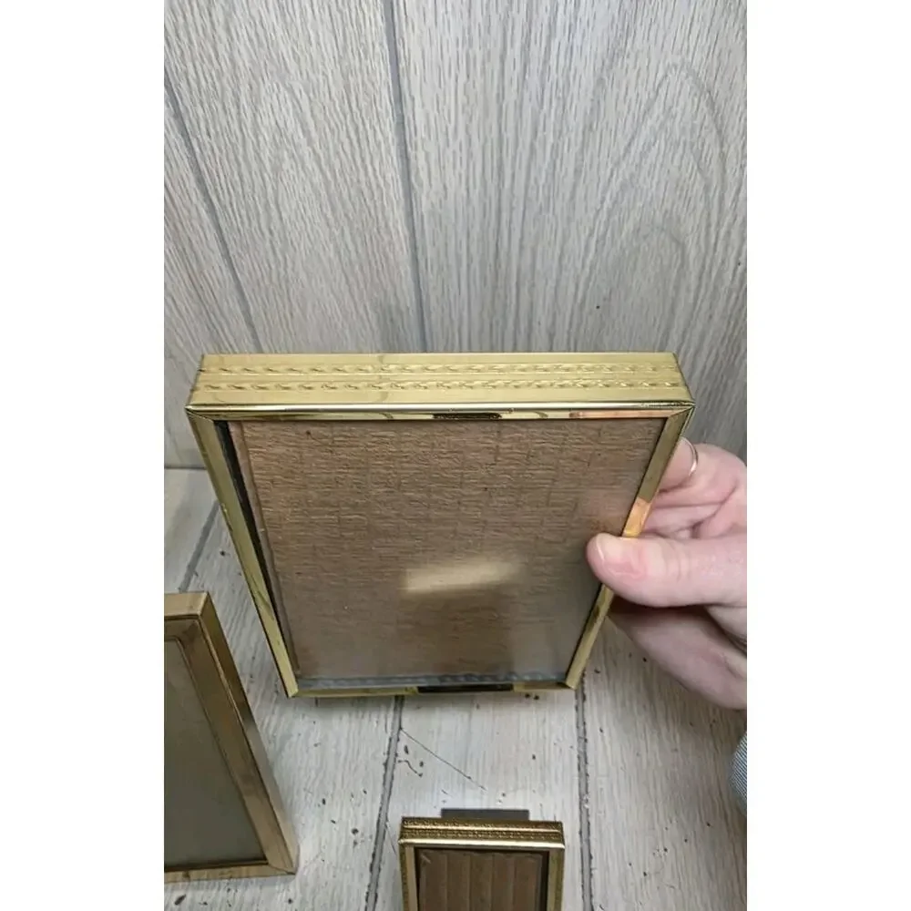 Vintage MCM Metal Brass Picture Frames Freestanding Wall Hanging Gold Set Of 3